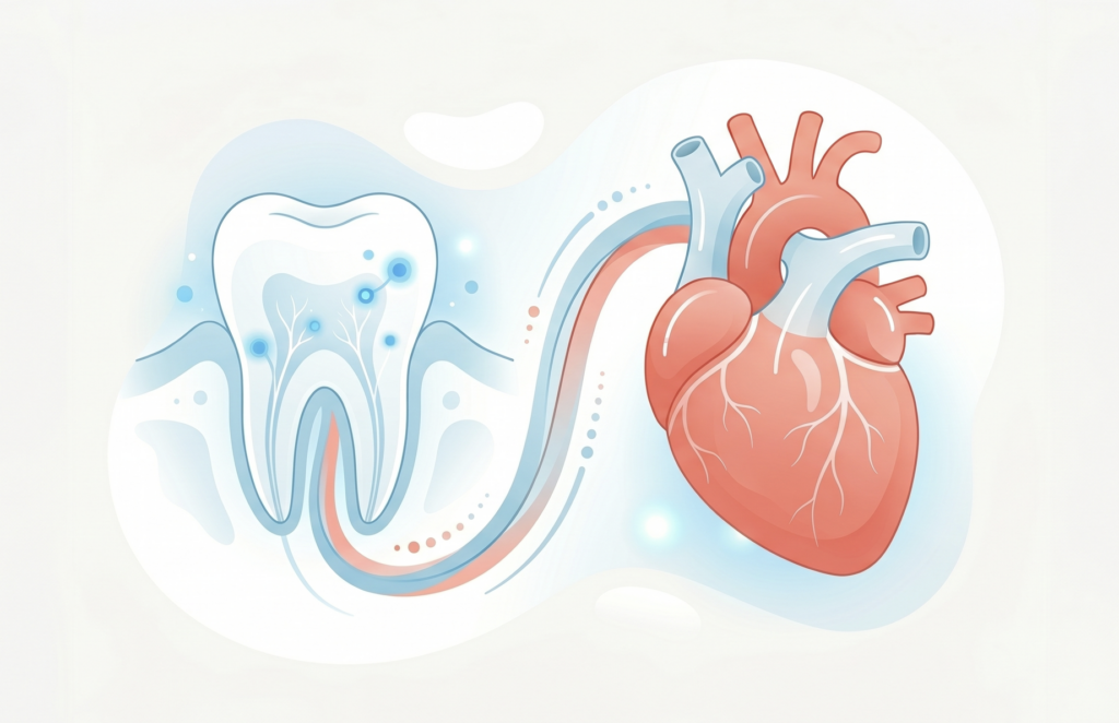 A clean, modern medical illustration on a white background showing the systemic connection between oral and cardiovascular health. On the left, a stylized white molar tooth is shown in a subtle cross-section; on the right, a detailed but soft-toned coral and light blue human heart. A flowing, double-lined path representing the bloodstream elegantly links the roots of the tooth to the vessels of the heart, symbolizing how oral bacteria and inflammation can impact heart health. The style is professional and editorial, using a trustworthy palette of light blue, white, and soft coral