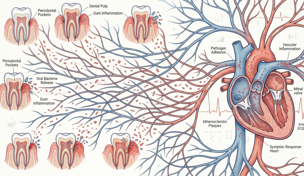 comprehensive medical infographic illustrating the link between oral health and heart health. On the left side, a series of 10 stylized cross-sections of human teeth and gums show various conditions like periodontal pockets, dental pulp, and gum inflammation, with visible microbial clusters. From these diseased areas, countless tiny, red bacterial cells and inflammatory markers (red spheres) are seen releasing into an extensive network of connecting blood vessels (blue for veins, red for arteries) that spread across the center. On the right side, a detailed, anatomically correct human heart is shown