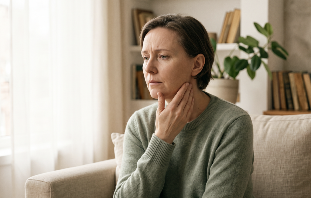 Person resting hand on lower jaw with a calm, concerned expression, wondering which teeth hurt during a heart attack