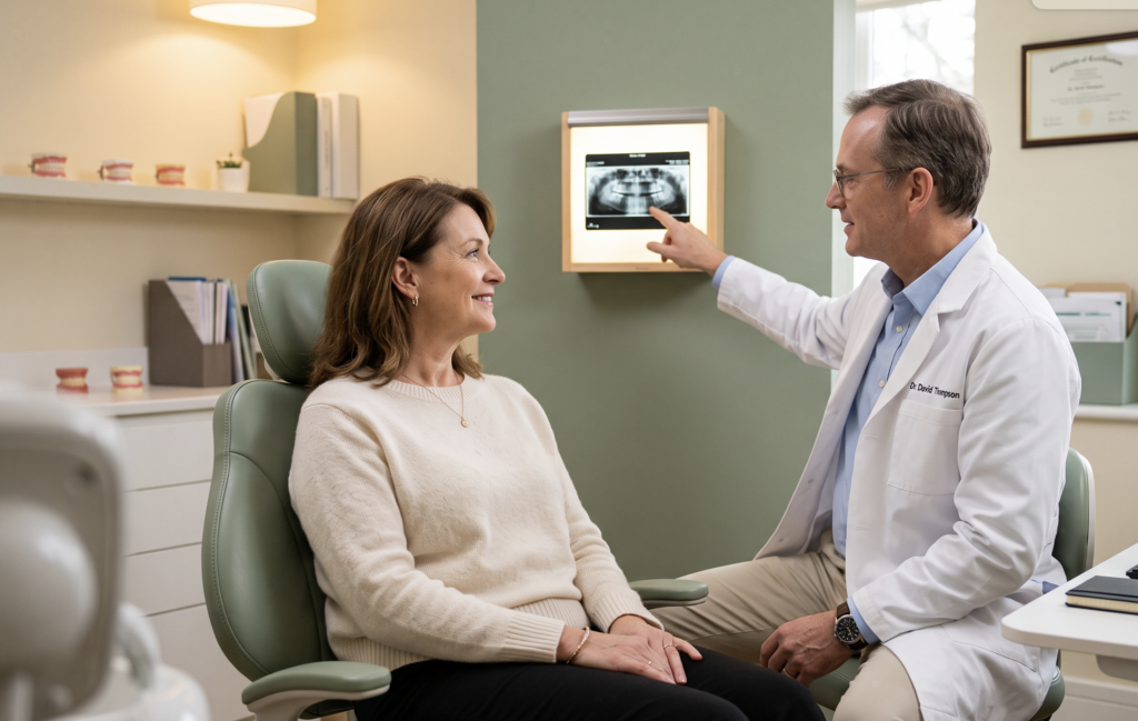 Dentist reviewing a dental X-ray with a calm patient in a warm clinic, discussing the link between a dental heart attack and oral health