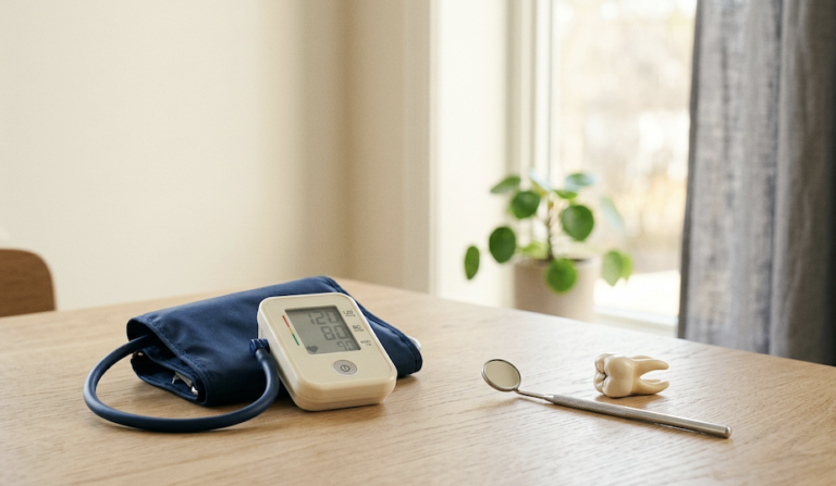 Blood pressure cuff and dental mirror, representing the link between tooth pain and high blood pressure