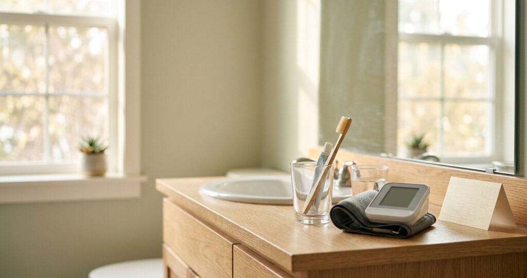 Toothbrush, glass of water and home blood pressure monitor on a sunlit bathroom counter, showing how oral health relates to blood pressure.