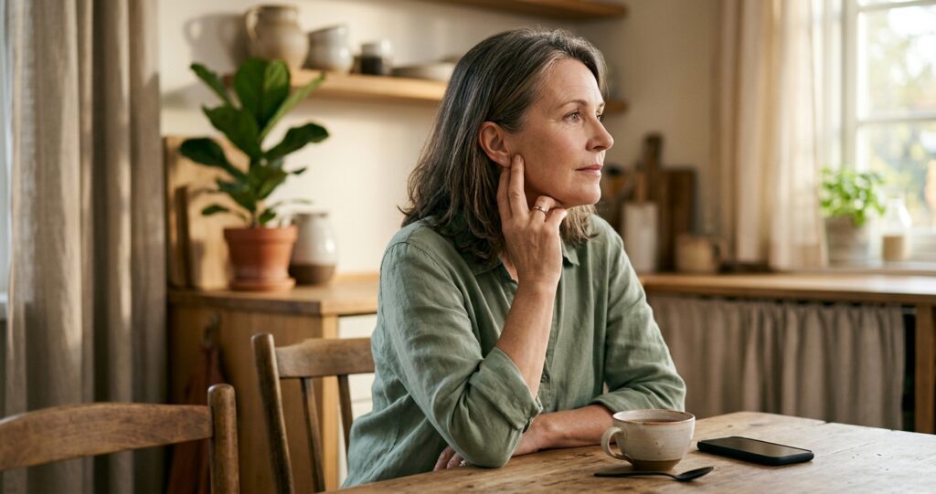 Woman pressing fingertips along her lower jaw to check heart attack jaw pain location